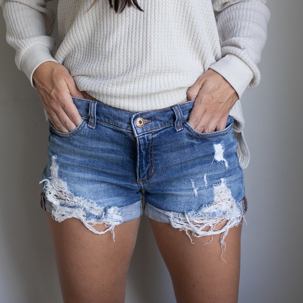 Stretchy Distressed Denim Shorts by Sneak Peek